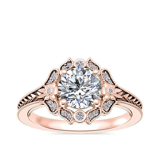 0,60 Ct P.t. Rond Naturel Diamond Dernier Design Halo Bague de Fiançailles pour Femme en Or Rose Massif 18K Taille 8