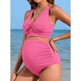 thumbnail image 4 of Charmo V Neck Maternity Swimsuits Ribbed Twist Front Bikini Sets High Waist Pregnancy Bathing Suits for Womens, 4 of 5