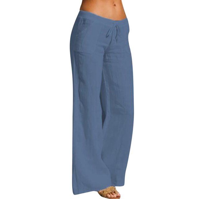 Sexy Dance Ladies Sports Pants Solid Color Flare Pant Drawstring Trousers Soft Pockets Blue 3XL