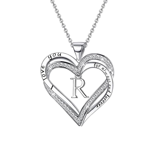 Ladies Double Heart Diamond Necklace With 26 English Letters Couple Necklace