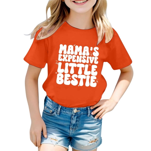 Girls Softball under Shirts Ruffle Girl Clothes Children's Casual Letter Pattern Print Multicolor Round Neck Short Sleeves