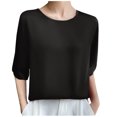 thumbnail image 1 of Plebaso Hauts à Col Rond à Manches Mi-Longues pour Femmes, Blouses Amples Décontractées d'Été, Hauts Élégants de Couleur Unie pour Femmes, 1 of 3