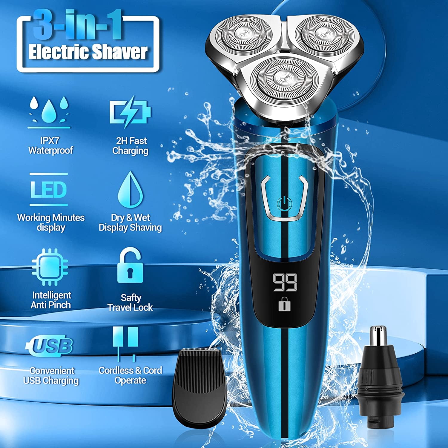 Electric Razor For Men,Electric Shavers For Men Wet Dry,Rechargeable Mens Electric Shavers Razor Man Shaving Waterproof For Teens Cordless,Usb Travel Face Shaver Rotary With Beard/Nose Trimmer