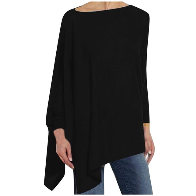 CEHVOM Women Casual Plus Size Round Neck Solid Long Sleeve Irregular Sweatshirt Loose Print Pullover Tops Blouse