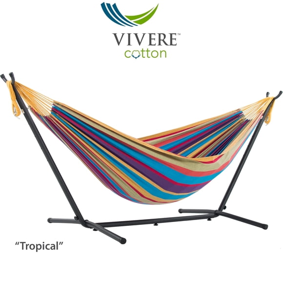 Vivere Double 2-Person Cotton Hammock with Stand and Carry Bag Tropical