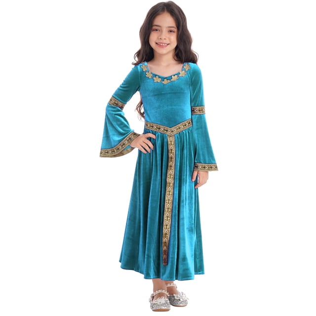 Robe de Princesse Médiévale pour Filles, Robe Maxi Vintage Renaissance, Robe de Bal, Tenue de Fête, Bleu Pâle 16