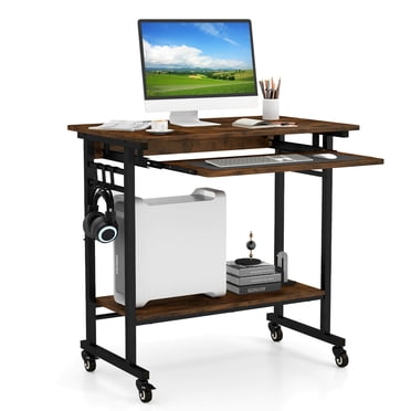 Table d'Ordinateur avec Plateau de Clavier Slender et 3 Crochets, Bureau d'Ordinateur Mobile avec Roulettes Flexible, Table de Travail Industrielle, pour Maison et Bureau, 80X50X75 cm