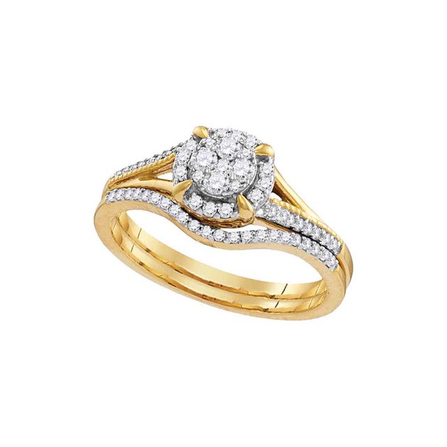 10k Yellow Gold Round Diamond Cluster Bridal Wedding Engagement Ring Band Set 1/3 Cttw