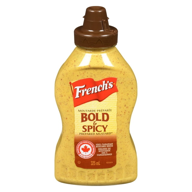 French's Bold & Spicy Mustard 325ml squeezable bottle with yellow prepared mustard speckled with brown seeds, featuring a brown flip-top cap and a red label highlighting 100% Canadian mustard seeds, suitable for enhancing hot dogs, sandwiches, and burgers.