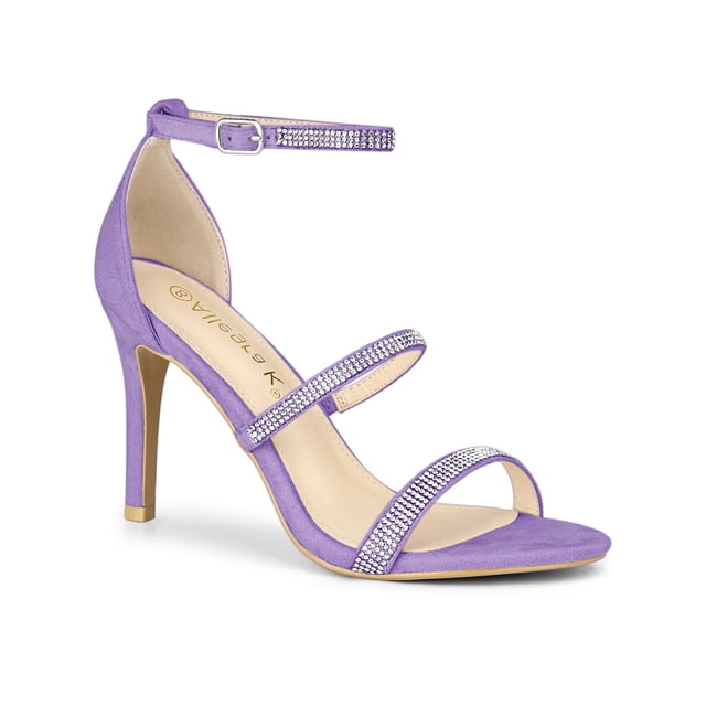 BLISSFUL STEP Women's Shoes Rhinestone Stiletto Heel Ankle Strap Sandals Purple 7