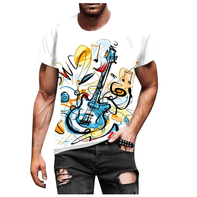 Fankiway Men Short-Sleeved Printed Color Buttons Fashion Cardigan Casual T-Shirt tops with a bold abstract guitar design in blue, yellow, and red on a white base. Made of polyester, this lightweight and breathable shirt is ideal for spring and summer casual wear. Suitable for boys' button-down shirt styles, it pairs well with ripped black jeans for a trendy look.
