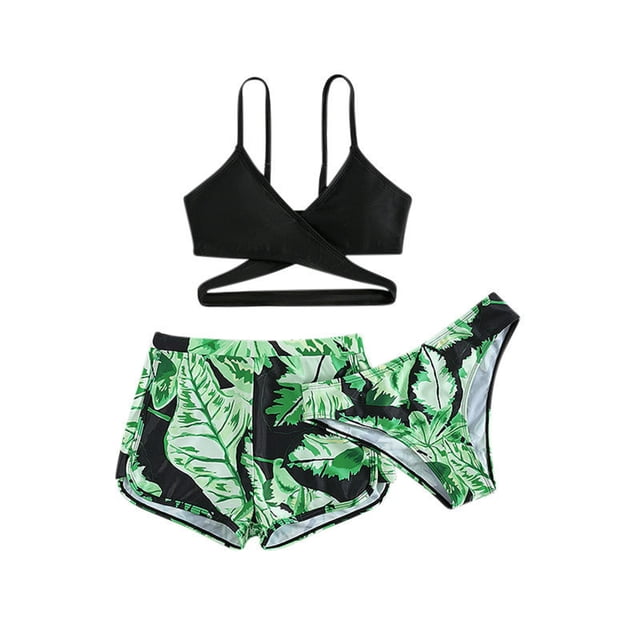 MIASHUI Maillot de Bain Fille 3 Pcs Ensemble Bikini à Imprimé Feuilles avec Shorts Vert, Conçu pour Filles de 8-9 Ans. l'Ensemble Comprend un Débardeur Dos Nageur Noir, des Culottes à Imprimé Feuilles Vertes et des Shorts Assortis. Fabriqué en polyester pour Douceur et Confort, Ce Maillot de Bain Convient à Diverses Activités Aquatiques comme la Natation, les Sorties à la Plage et les Fêtes à la Piscine.