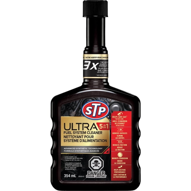 STP Ultra Fuel System Cleaner 354 mL black plastic bottle with screw cap, featuring a gold and red label describing its 5-in-1 formula that cleans fuel systems, reduces friction, inhibits corrosion, and helps save gas in modern gasoline engines including turbo, direct inject, and hybrid vehicles.