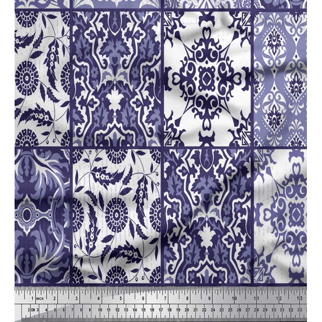 Soimoi Rayon Crepe Fabric Check & Damask Patchwork Print Sewing Fabric Yard 46 Inch Wide