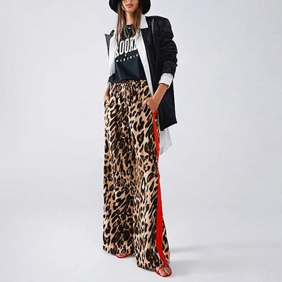 Women's Summer Thin Casual Pants With Drawstring Leopard Print Side Stripes Straight Leg Wide Leg Loose Pants Women's Pants Casual Tall Women Pants Casual with Pockets Women Casual Pants for Summer