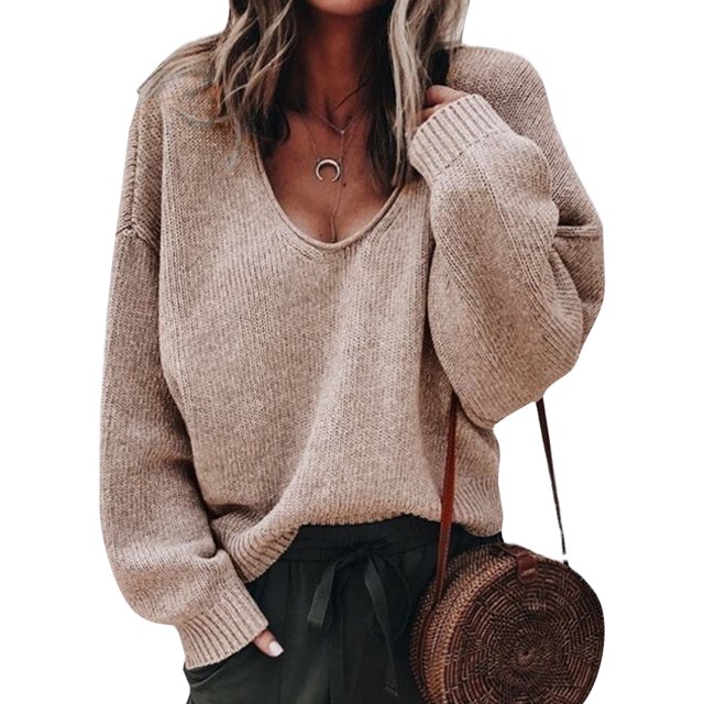 Innerwin Chandail à Manches Longues pour Femmes Pull Décontracté Couleur Unie Khaki TG
