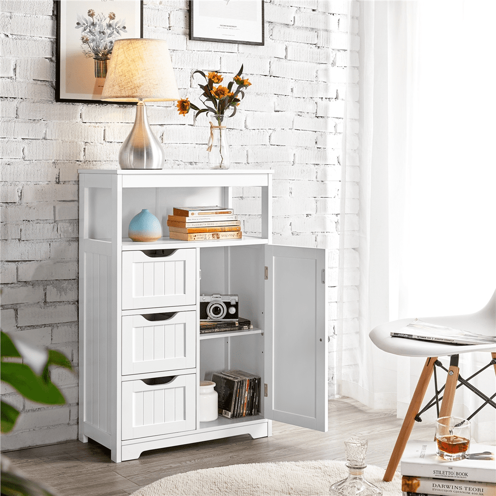 FullFurnique Bathroom Floor Cabinet MDF Wooden Storage Organizer w/ Drawers, White