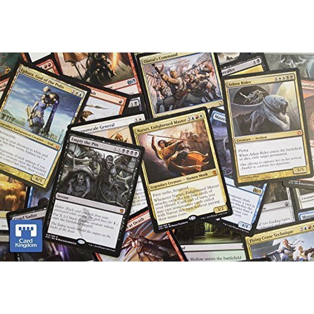 Magic The Gathering 1000 Cards Plus Bonus 25 Rares featuring a mix of assorted Magic The Gathering trading cards, including creatures, spells, and legendary cards. The image showcases a variety of card designs and artwork spread out in a layered arrangement.