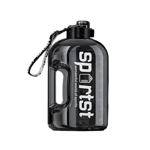 4L Ton Water Bottle with Straw, BPA-free and made of durable black plastic. Features a large handle, carrying strap, screw-on lid, and integrated straw. Bold 'Sports' branding on the side. Suitable for fitness, gym, outdoor activities, and travel hydration needs.