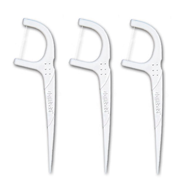 Dental Floss Picks High Toughness Professional Toothpicks Sticks with Portable Case and Dental Picks. The image displays three white floss picks with a D-shaped floss head and a pointed toothpick end. Constructed from food-grade polymer, these flossers are durable, resistant to bending, and effective for plaque removal. The non-slip handle includes a textured grip for comfortable use.