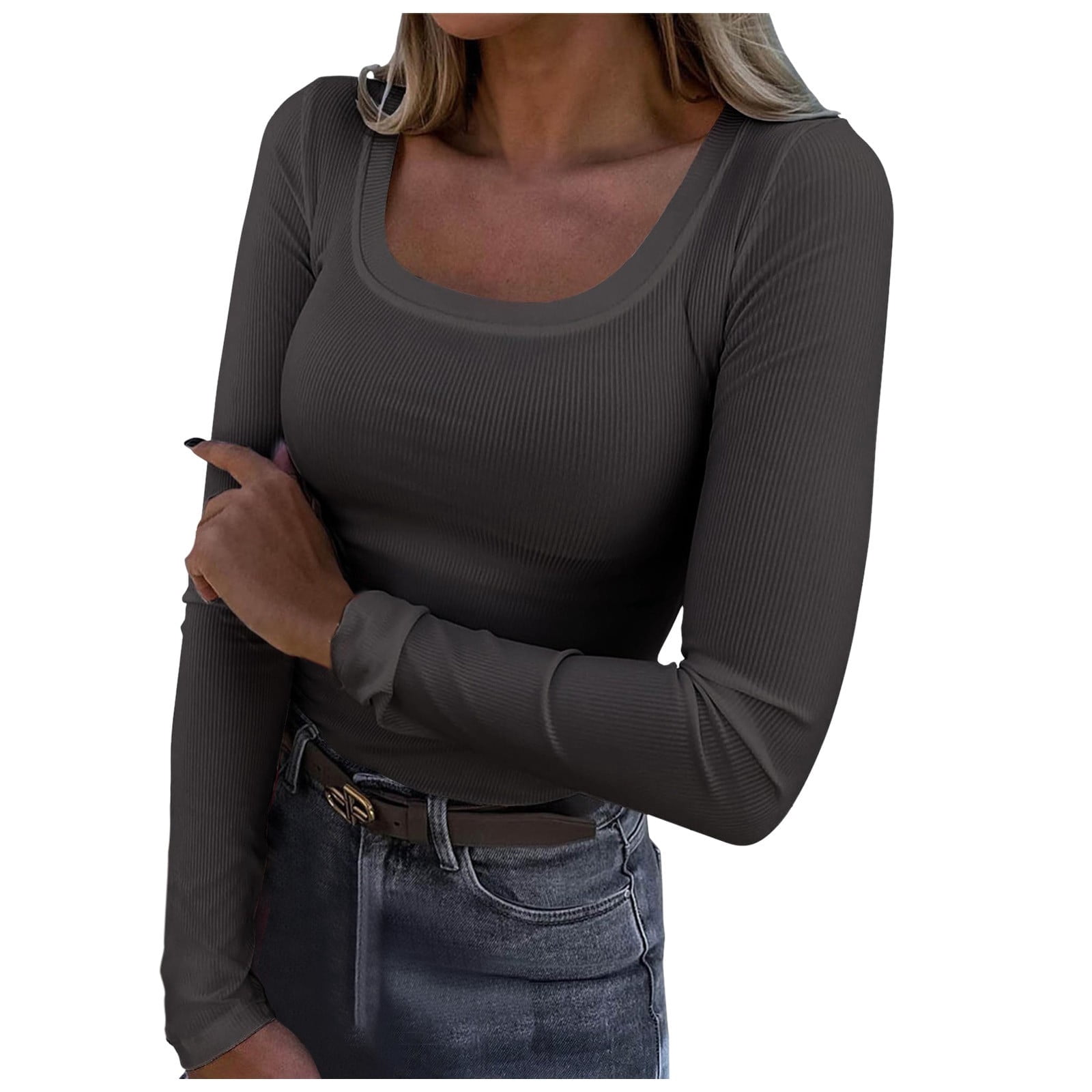 WEIYLL Ladies Summer Tops U Neck Lace Long Sleeve Loose Solid Dark Gray Blouse Sizes M