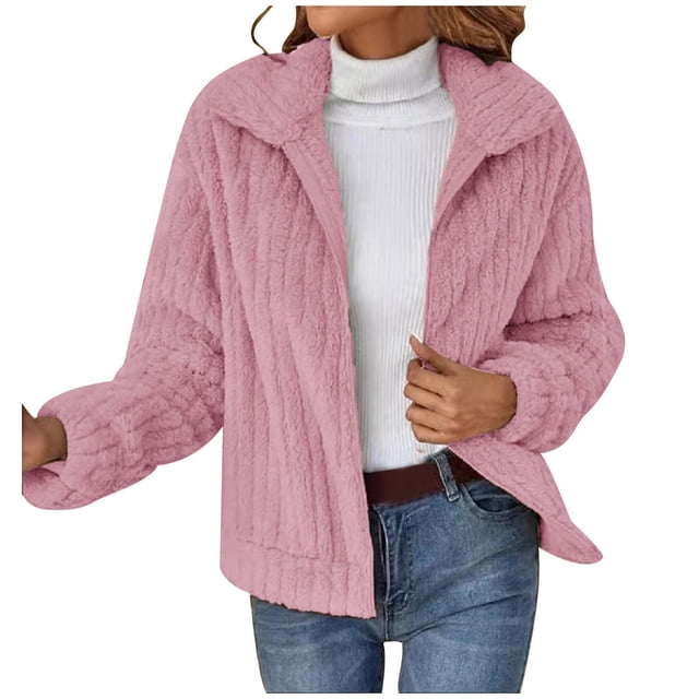 WEIYLL Womens Fleece Jacket Solid Color Warm Plush Zipper Pocket Long Sleeved Lapel Pink Going Out Fall Tops Size M