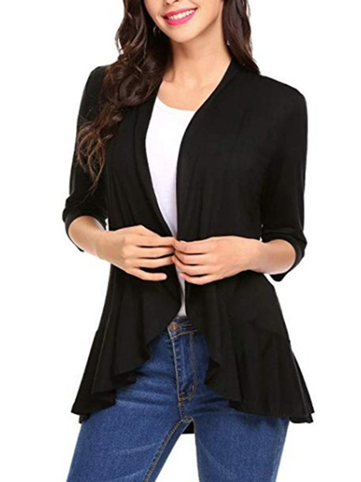Cardigan Décontracté Léger pour Femmes à devant Ouvert, Uni, Manches 3/4, Col Ample, Cardigan à Volants Drapés