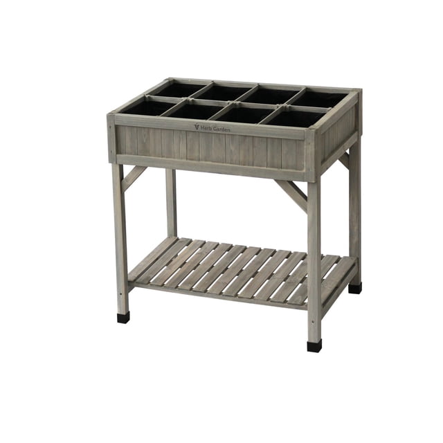 VegTrug Raised Herb Garden Bed Planter in grey made from sustainable cedar wood with six divided planting compartments, a lower slatted storage shelf, and black plastic feet covers, suitable for patios and small gardens.