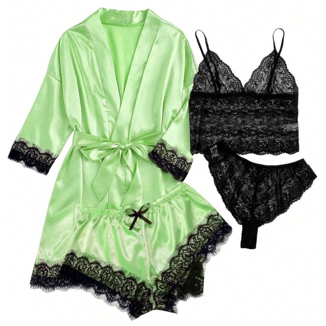 LSLJS 4PC Women Sexy Garter Lingerie Set Robes Lace Bodysuit Deep-V Neck Underwear