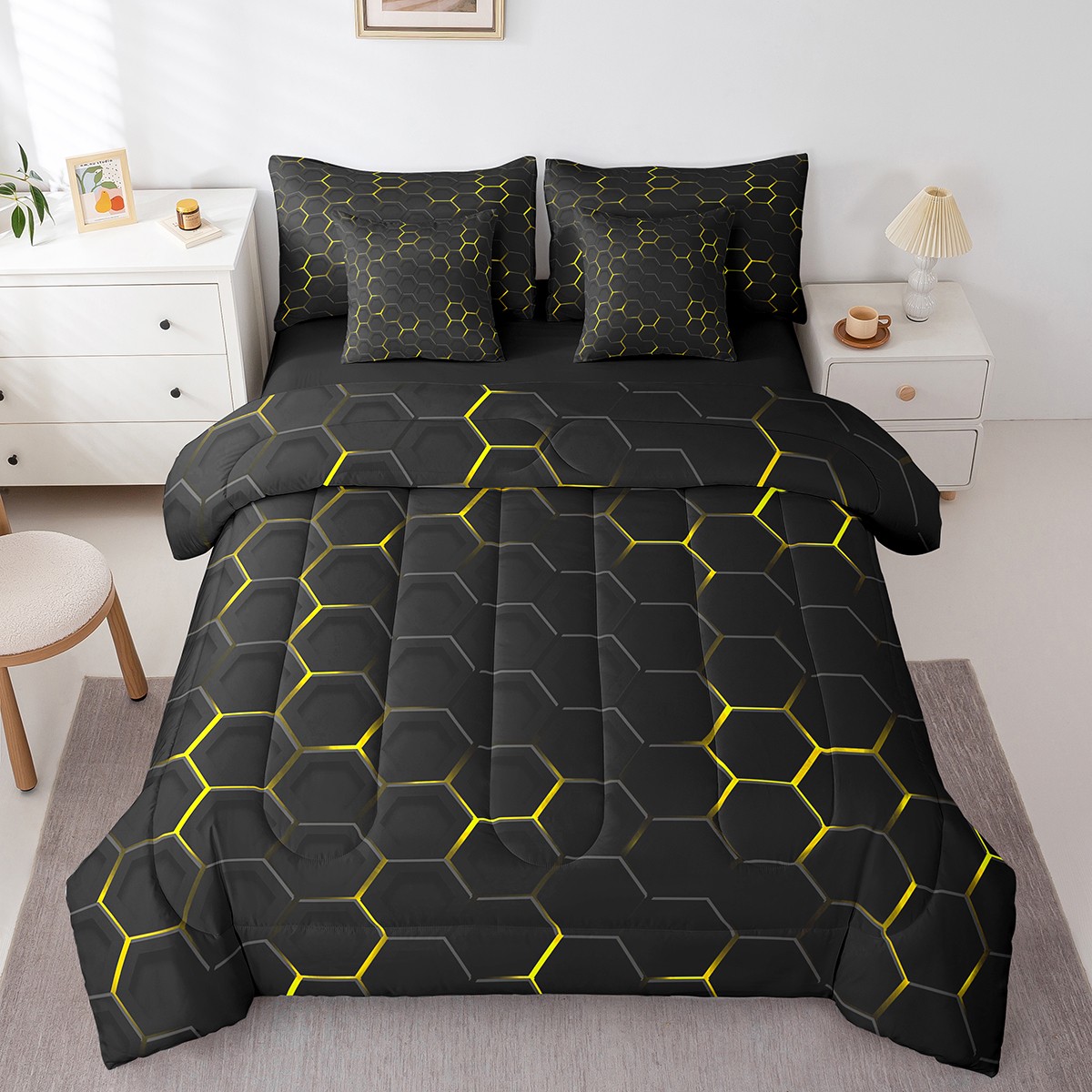 YST Yellow Honeycomb Print 7 Piece Bed in a Bag, Twin Geometric Bed Set, Modern Abstract Bedding Comforter Sheet Set