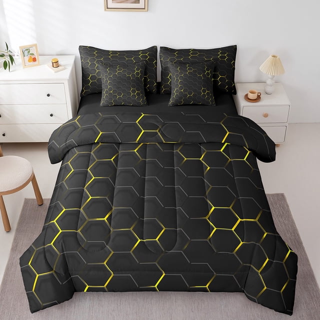 YST Yellow Honeycomb Print 7 Piece Bed in a Bag, Twin Geometric Bed Set, Modern Abstract Bedding Comforter Sheet Set