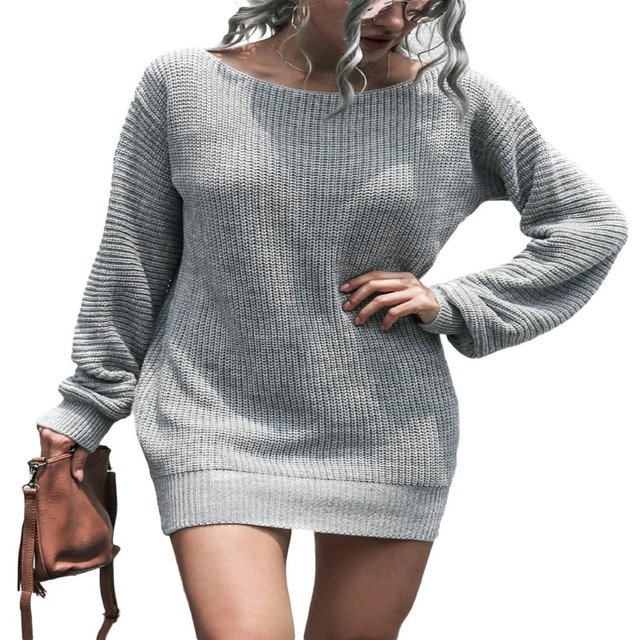 Robe Chandail Épaules Dénudées pour Femmes Manches Longues Couleur Unie Robe Tricotée Ample Robe Mini Automne