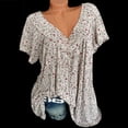 thumbnail image 4 of TIMIFIS T-Shirt à Manches Courtes à Col en V Imprimé Floral pour Femme, Tunique Décontractée Fluide Plissée, Hauts Blouse, 4 of 5