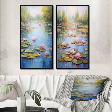 Designart « Tranquille Sérénité du Lac Nénuphars d'Eau Roses en Floraison III » Ensemble de 2 Oeuvres Murales Encadrées pour Maison au Bord du Lac - Ensemble de 2 Oeuvres Murales Encadrées Vertes pour Maison au Bord du Lac