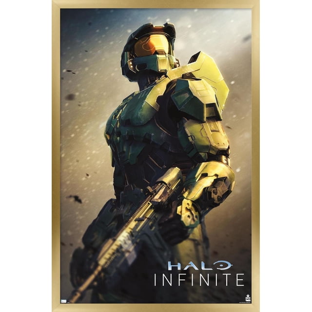 Halo Infinite - Become Wall Poster, 22.375" x 34" framed, depicting a front-facing green-armored soldier with a gold visor helmet holding a rifle, detailed angular armor plating, set against a smoky blurred background with the Halo Infinite logo at the bottom right, ideal for gaming room wall decor.