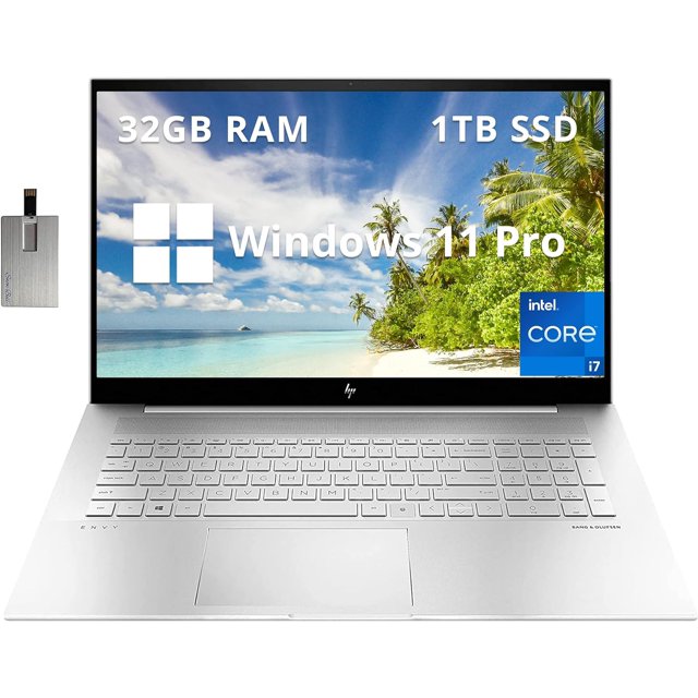 HP Envy 17.3" FHD Laptop, Intel Core i7-1260P, 32GB RAM, 1TB SSD, Backlit Keyboard, Intel Iris Xe Graphics, Fingerprint Reader, Webcam, Windows 11 Pro, Silver, 32GB Hotface USB Card (Renewed)