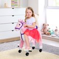 thumbnail image 2 of Qaba Kids Walking Pony Ride on Toy Rocking Horse Neigh Sound Plush w/ Wheel Child Gift 110lb Weight Capacity Pink, 2 of 10