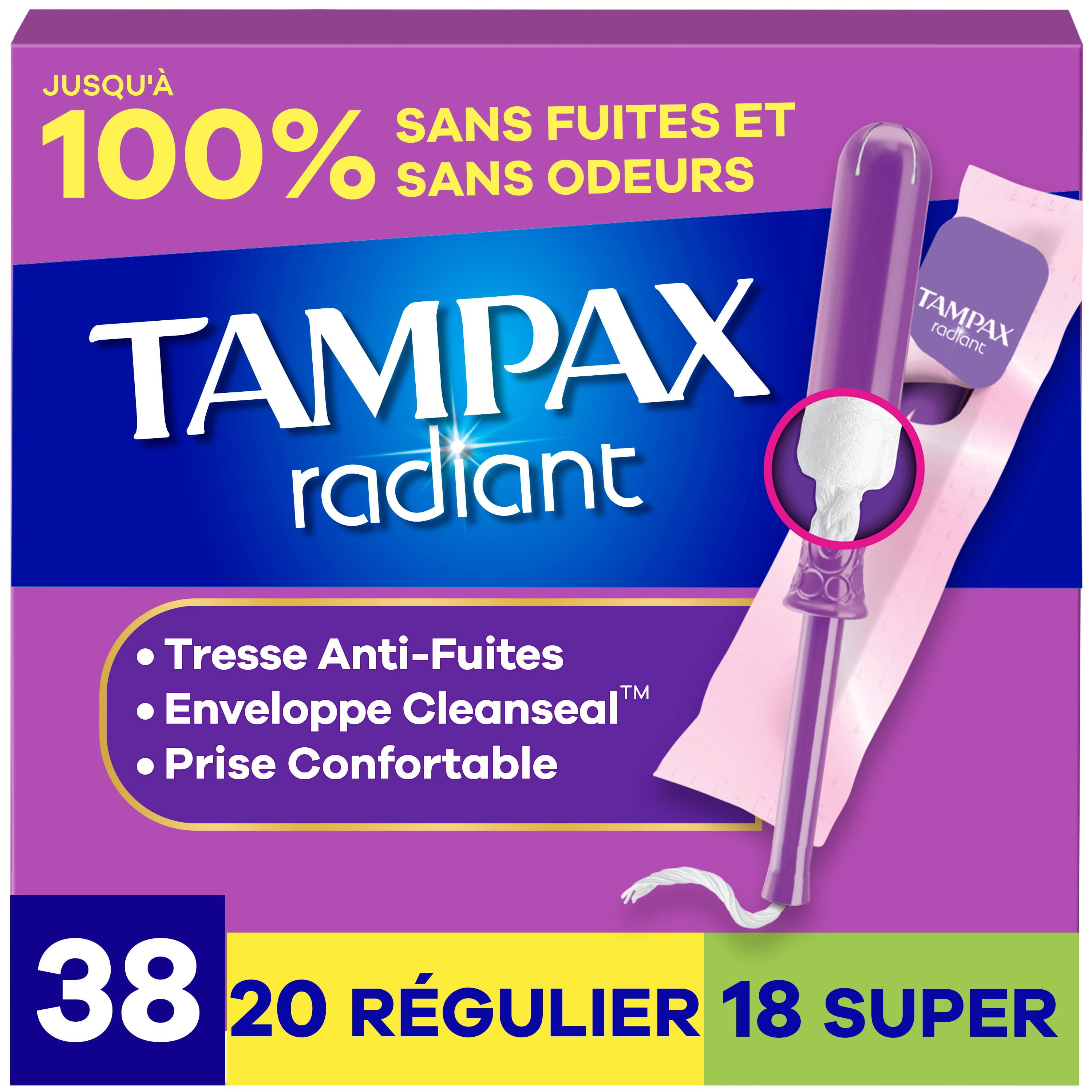 Tampax Radiant Emballage Multiple de Tampons, avec Tresse Anti-Fuites, Absorption Régulière/super, Non Parfumés