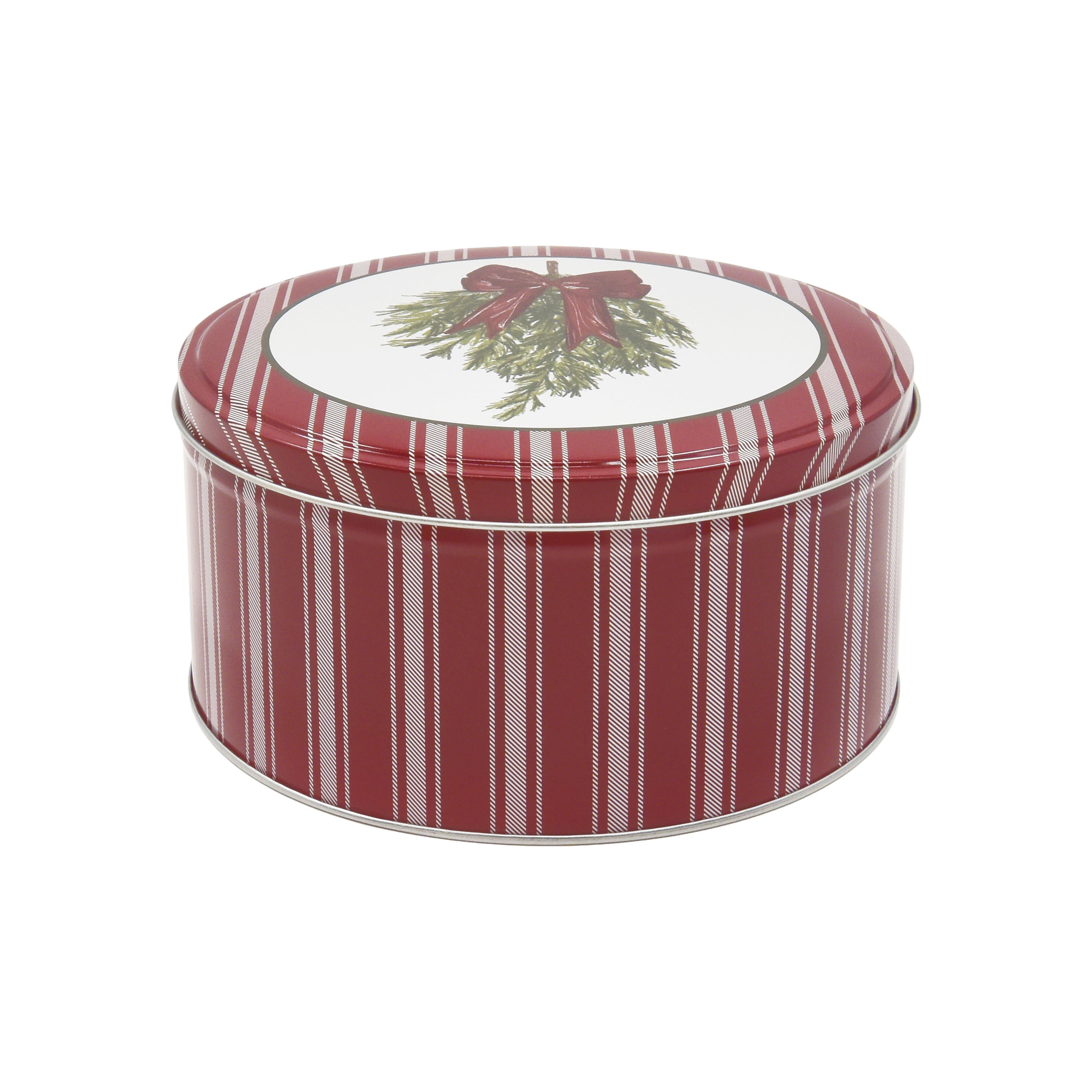 Holiday Time Christmas Swag Red Ribbon Bow Metal Round Gift Tin with Lid, Red White Stripes, Medium