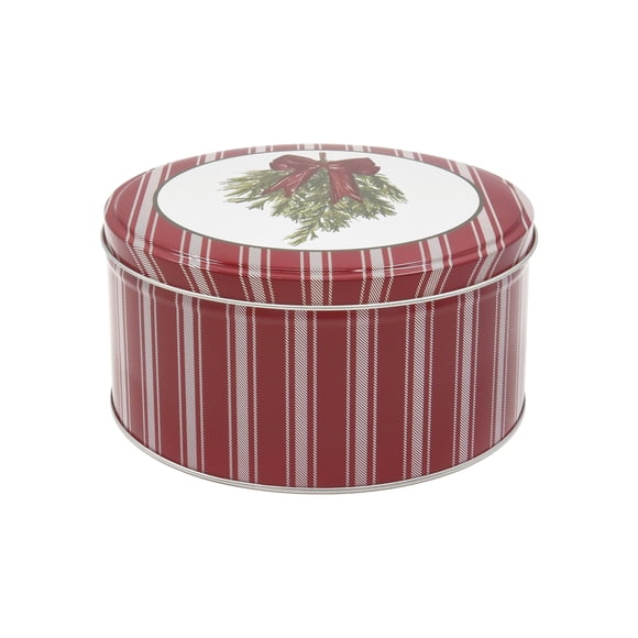 Holiday Time Christmas Swag Red Ribbon Bow Metal Round Gift Tin with Lid, Red White Stripes, Medium