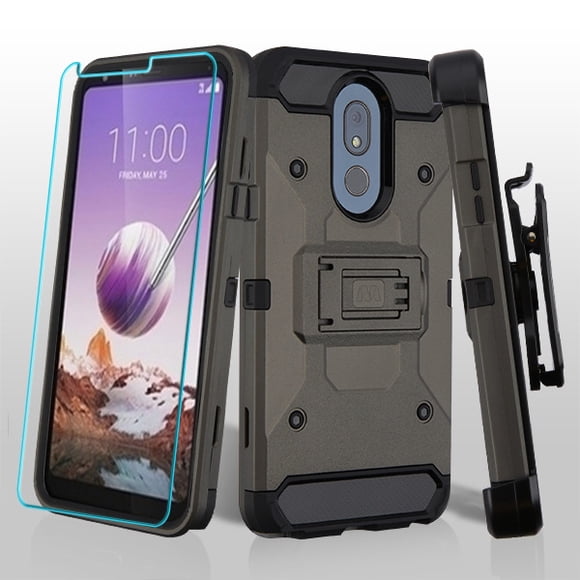 LG Stylo 5 Phone Case Hybrid Impact Armor Rugged TPU Rubber Silicone Shockproof Protective Cover 3 in 1 Combo with Holster Belt Clip & Tempered Glass Screen Protector GRAY Case for LG Stylo 5