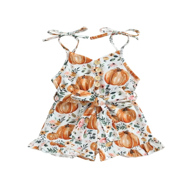 Combinaison d'Halloween Sans Manches pour Tout-Petites Filles, Imprimé Citrouille, Short, une Pièce
