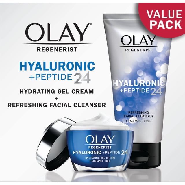 Olay Regenerist Hyaluronic + Peptide 24 Duo Pack with a blue hydrating gel cream jar and a silver tube of refreshing facial cleanser, both fragrance-free, designed for 24-hour hydration and deep skin cleansing, ideal as a skin care gift set.