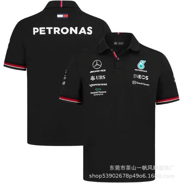 Racing Polo Short Sleeve Men, F1 Racing Polo Shirt by ZJKDGJKJ, a black men's polo shirt with team logos prominently displayed on the front and back. Lightweight, wear-resistant, and anti-static fabric with breathable mesh back panel for enhanced comfort during sports or casual wear. Short sleeves with red and white accents on the cuffs and collar. Ideal for F1 fans and designed for full range of motion.