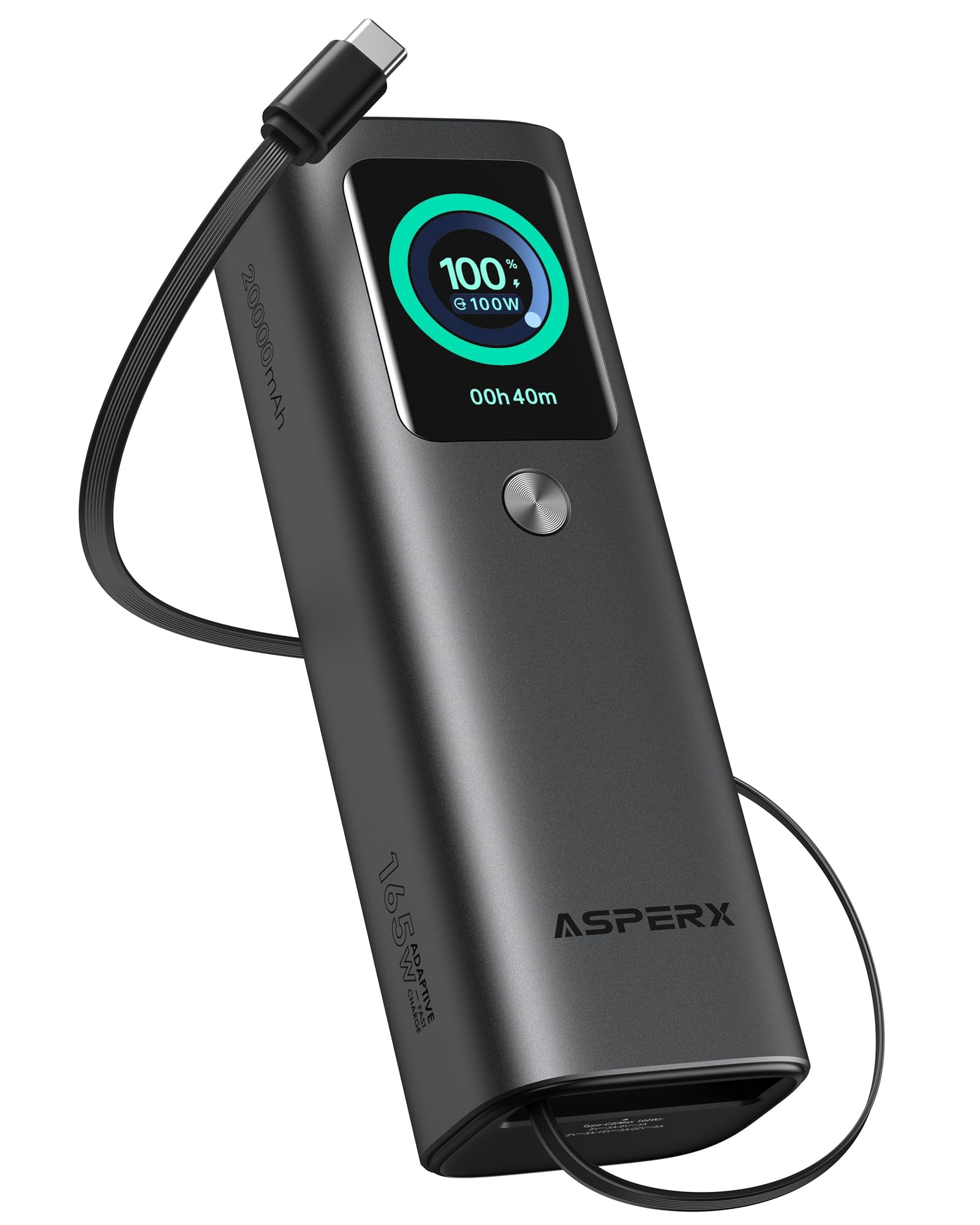 AsperX Laptop Power Bank, 165W 20,000mAh, Retractable Cables, Aluminum Alloy Unibody Portable Charger Power Bank, Battery Bank for MacBook Pro/Air/iP