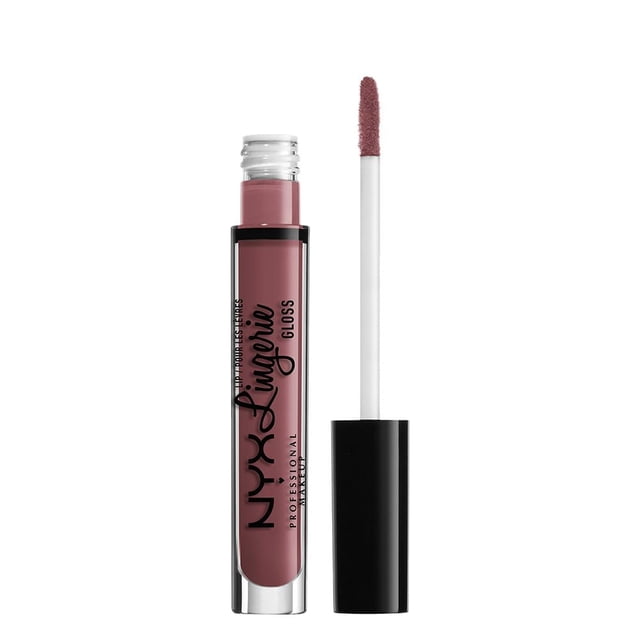 NYX Professional Makeup Lip Lingerie Gloss in Maison, a nude high-shine lip gloss with shimmer, shown with the applicator wand beside the clear tube featuring black branding text on a white background, often used to add glossy texture over matte lipsticks.