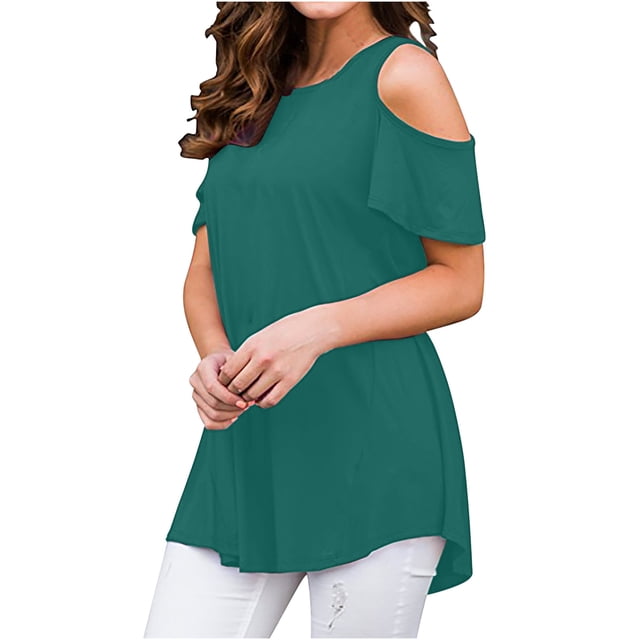 Off the Shoulder Shirts for Women Summer Short Sleeve Solid Color Tank Top Ladies Plus Size Beach Flowy Tees Blouse (X-Large, Green)