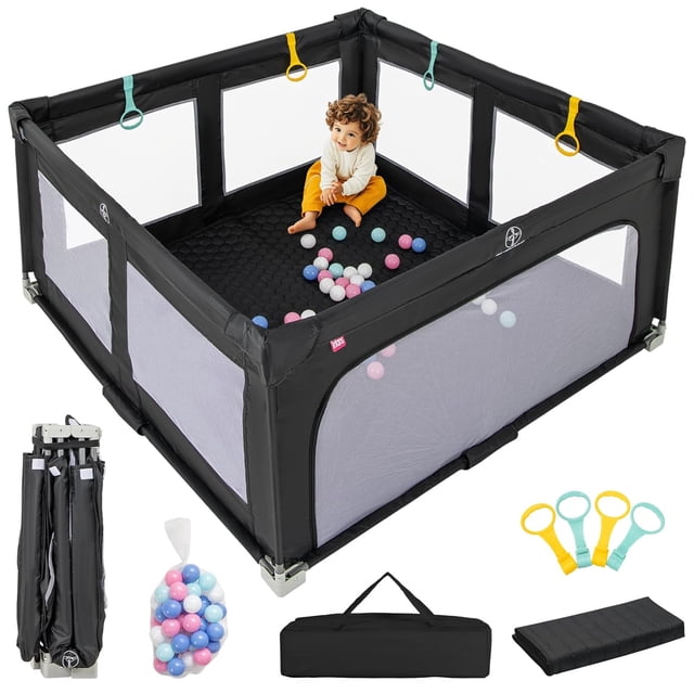 OLAKIDS Foldable Baby Playpen with Mat, 59” x 59” large play yard in black with 50 ocean balls, 4 pull-up rings, and a carry bag. The playpen features a 360° transparent mesh design for visibility, a soft mat, and sturdy construction with non-slip pads. Includes a foldable design for portability and an external zipper door for safety. Suitable for indoor and outdoor use, ideal for infants and toddlers aged 0-36 months.