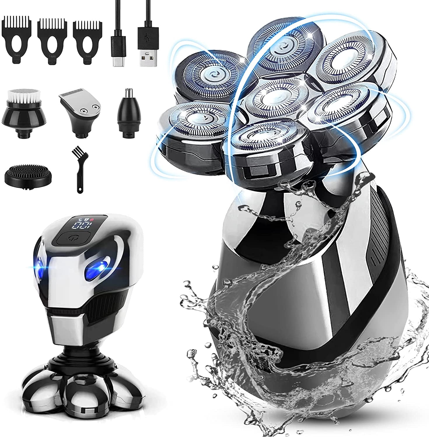 7D Head Shaver for Bald Men, Upgrade 5-in-1 Head Electric Razor for Men, Men's Grooming Kit, Anti-Pinch, Cordless, Floating Cutter Head, USB Rechargeable Waterproof Rotary Fast Shaver, Wet/Dry Shave