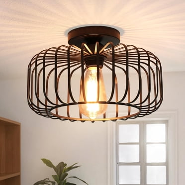 Lapalife Modern Black Semi Flush Mount Ceiling Light Fixture 11.8" Industrial Metal Cage Semi Flush Mount Ceiling Light for Hallway Living Room Kitchen Entryway Farmhouse (With Bulb)